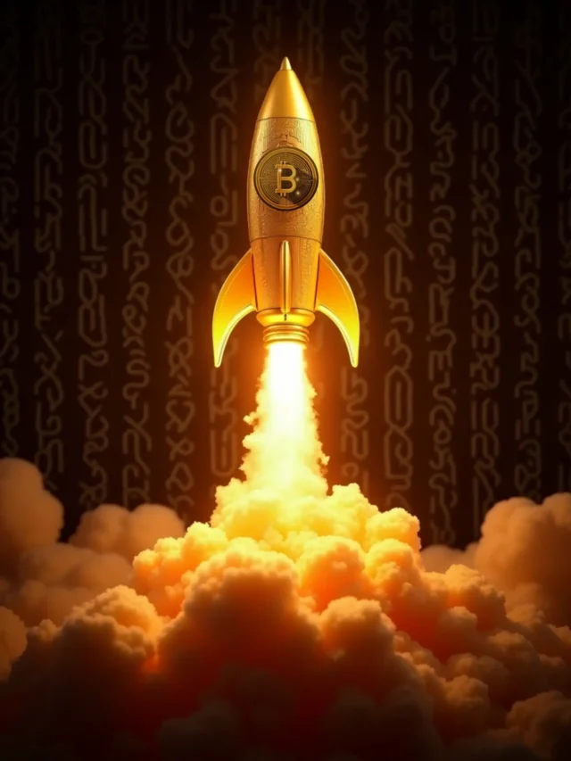 A glowing golden Bitcoin rocket blasting off with flames, digital matrix background, futuristic vibe, dramatic lighting, bold text overlay saying Bitcoin FOMO Returns!
