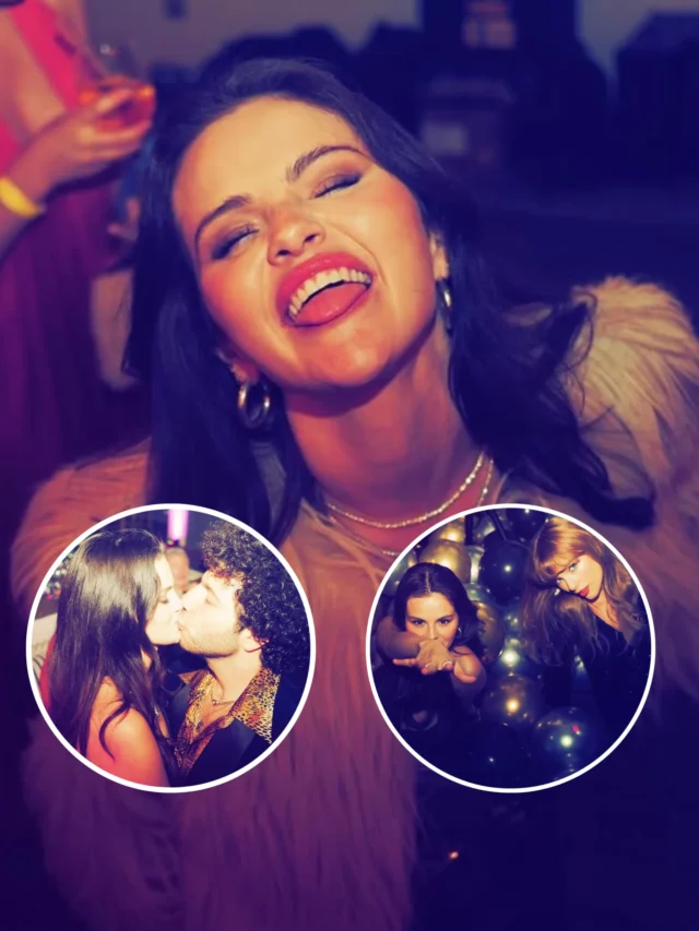 Selena Gomez smiling in a glamorous birthday moment with Benny Blanco and Taylor Swift at her 33rd birthday party